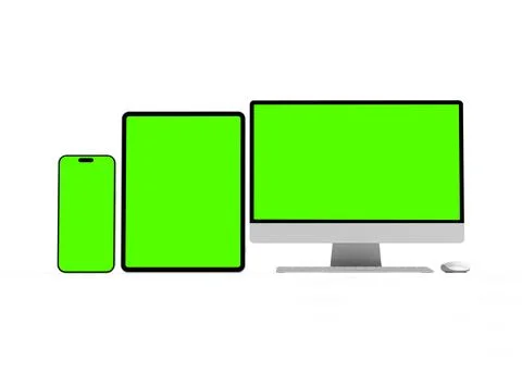 Render of smartphone, tablet, desktop with green screens on a light background Stock Illustration