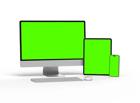 Render of smartphone, tablet, desktop with green screens on a light background Stock Illustration