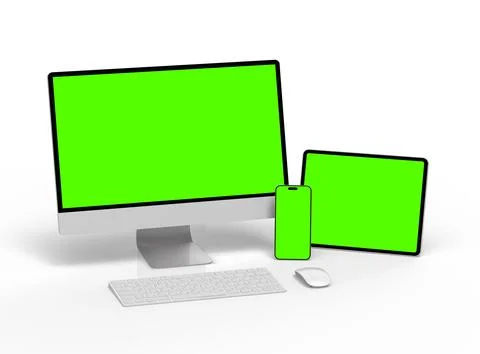 Render of smartphone, tablet, desktop with green screens on a light background Stock Illustration
