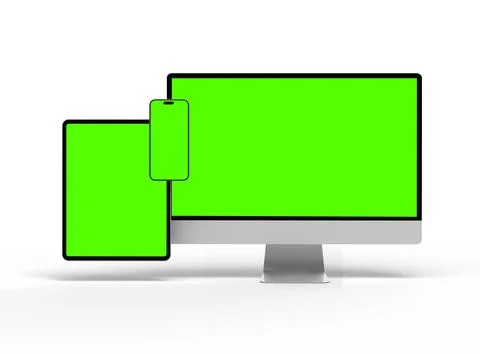 Render of smartphone, tablet, desktop with green screens on a light background Stock Illustration