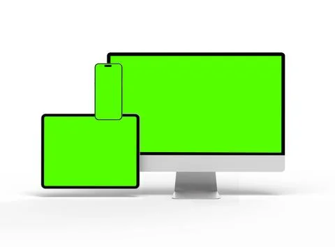 Render of smartphone, tablet, desktop with green screens on a light background Stock Illustration