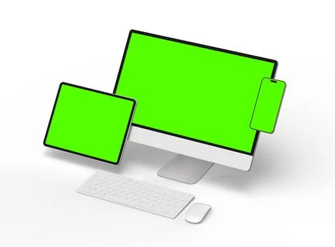 Render of smartphone, tablet, desktop with green screens on a light background 스톡 일러스트