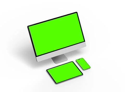 Render of smartphone, tablet, desktop with green screens on a light background Stock Illustration