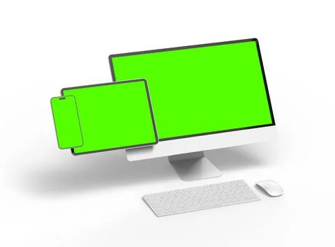 Render of smartphone, tablet, desktop with green screens on a light background Stock Illustration