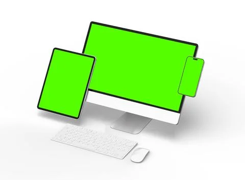 Render of smartphone, tablet, desktop with green screens on a light background 스톡 일러스트