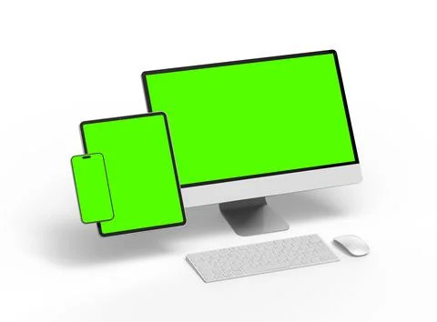 Render of smartphone, tablet, desktop with green screens on a light background Stock Illustration