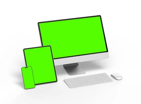 Render of smartphone, tablet, desktop with green screens on a light background Stock Illustration
