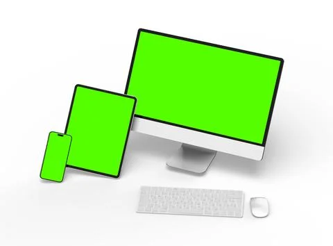 Render of smartphone, tablet, desktop with green screens on a light background Stock Illustration