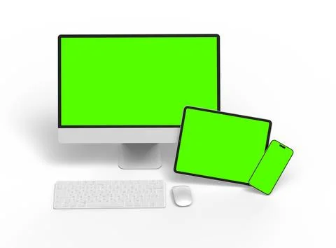 Render of smartphone, tablet, desktop with green screens on a light background 스톡 일러스트