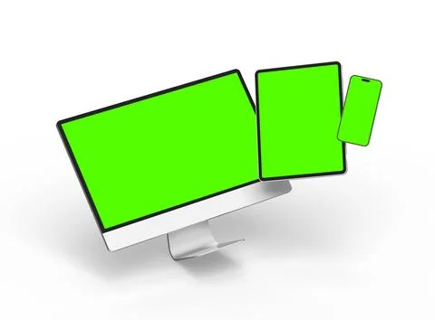 Render of smartphone, tablet, desktop with green screens on a light background Stock Illustration