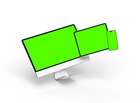 Render of smartphone, tablet, desktop with green screens on a light background Stock Illustration