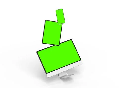 Render of smartphone, tablet, desktop with green screens on a light background Stock Illustration