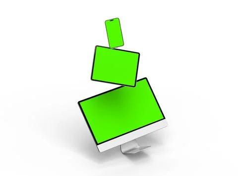 Render of smartphone, tablet, desktop with green screens on a light background Stock Illustration