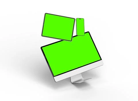 Render of smartphone, tablet, desktop with green screens on a light background Stock Illustration