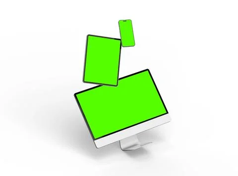Render of smartphone, tablet, desktop with green screens on a light background Stock Illustration