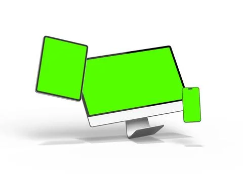 Render of smartphone, tablet, desktop with green screens on a light background 스톡 일러스트
