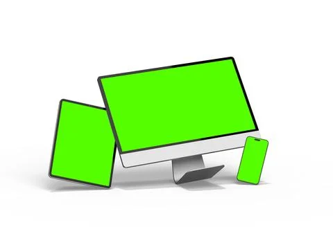 Render of smartphone, tablet, desktop with green screens on a light background Stock Illustration