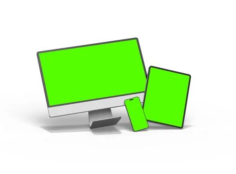 Render of smartphone, tablet, desktop with green screens on a light background Stock Illustration