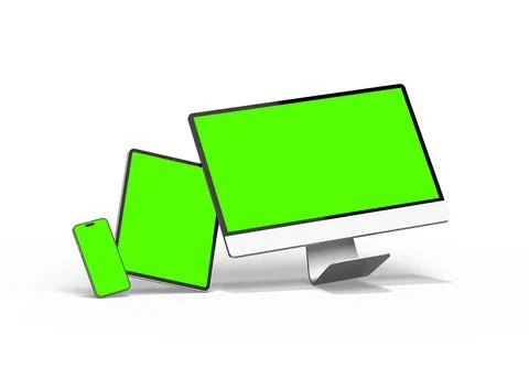 Render of smartphone, tablet, desktop with green screens on a light background Stock Illustration