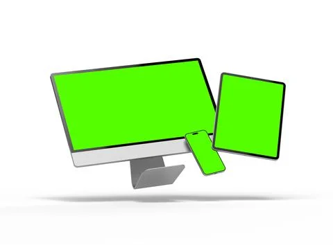 Render of smartphone, tablet, desktop with green screens on a light background Stock Illustration