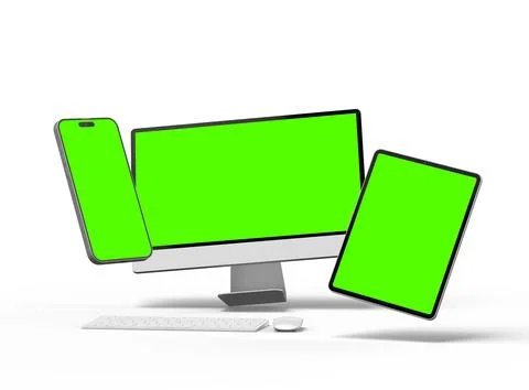 Render of smartphone, tablet, desktop with green screens on a light background Stock Illustration