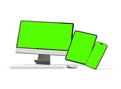 Render of smartphone, tablet, desktop with green screens on a light background Stock Illustration
