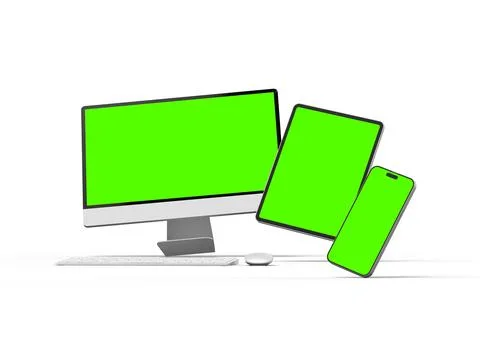 Render of smartphone, tablet, desktop with green screens on a light background Stock Illustration