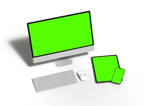 Render of smartphone, tablet, desktop with green screens on a light background 스톡 일러스트