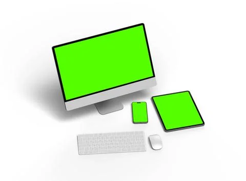 Render of smartphone, tablet, desktop with green screens on a light background 스톡 일러스트