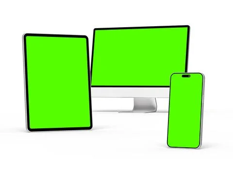 Render of smartphone, tablet, desktop with green screens on a light background Stock Illustration