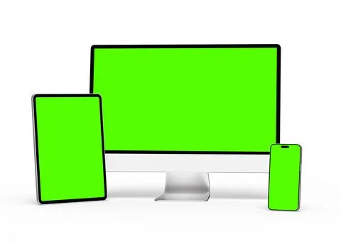 Render of smartphone, tablet, desktop with green screens on a light background Stock Illustration