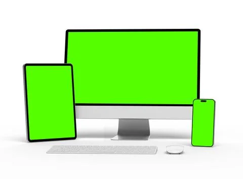 Render of smartphone, tablet, desktop with green screens on a light background Stock Illustration