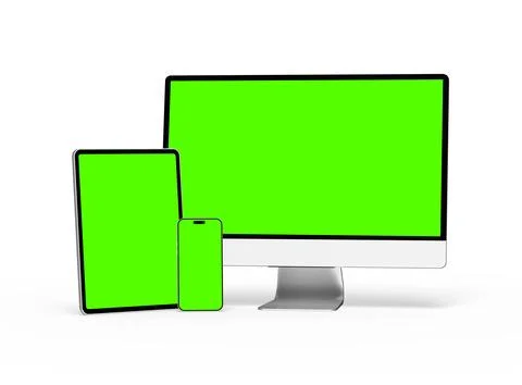 Render of smartphone, tablet, desktop with green screens on a light background Stock Illustration