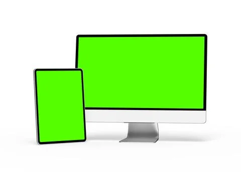 Render of smartphone, tablet, desktop with green screens on a light background Stock Illustration