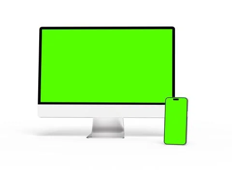 Render of smartphone, tablet, desktop with green screens on a light background 스톡 일러스트
