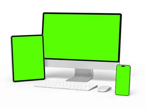 Render of smartphone, tablet, desktop with green screens on a light background Stock Illustration