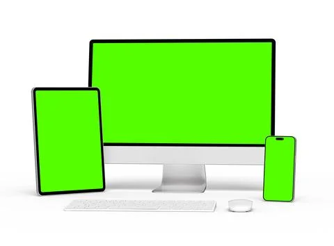 Render of smartphone, tablet, desktop with green screens on a light background Stock Illustration