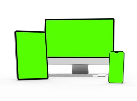 Render of smartphone, tablet, desktop with green screens on a light background Stock Illustration