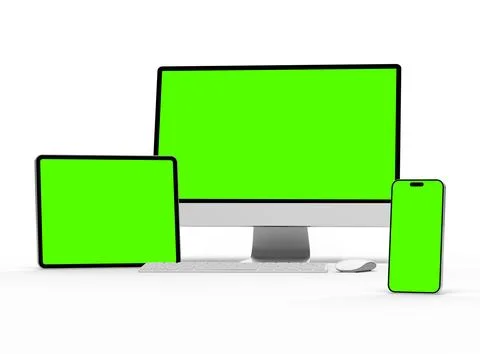 Render of smartphone, tablet, desktop with green screens on a light background Stock Illustration