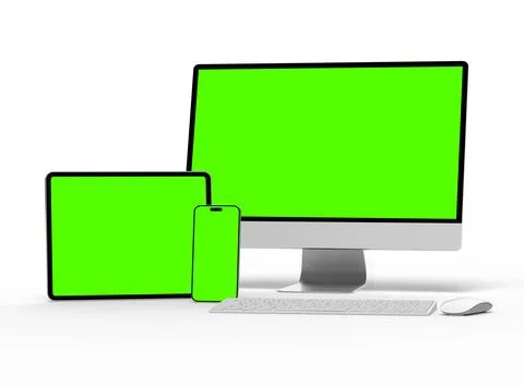 Render of smartphone, tablet, desktop with green screens on a light background 스톡 일러스트