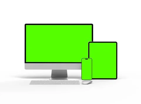 Render of smartphone, tablet, desktop with green screens on a light background Stock Illustration