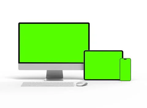 Render of smartphone, tablet, desktop with green screens on a light background Stock Illustration