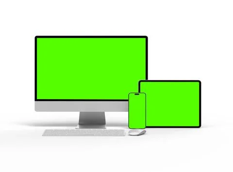 Render of smartphone, tablet, desktop with green screens on a light background Stock Illustration