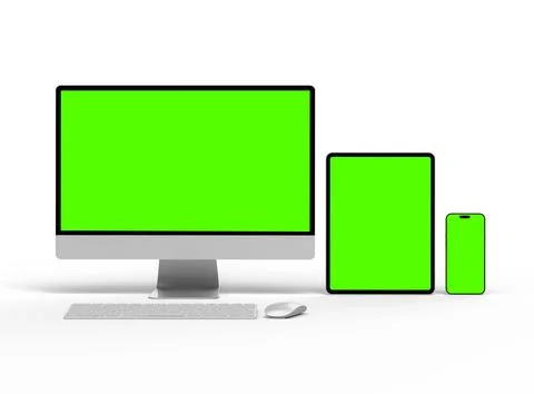 Render of smartphone, tablet, desktop with green screens on a light background Stock Illustration