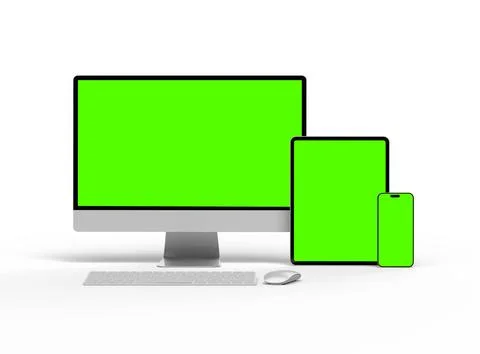 Render of smartphone, tablet, desktop with green screens on a light background Illustrazione stock
