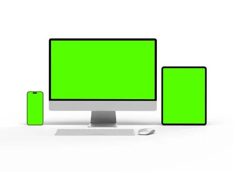 Render of smartphone, tablet, desktop with green screens on a light background 스톡 일러스트