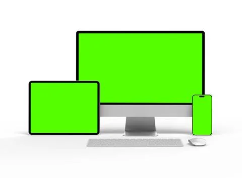 Render of smartphone, tablet, desktop with green screens on a light background Stock Illustration