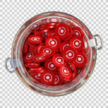 Render Token RNDR in 3D crypto coin saving bank with stack coins on isolated Stock Photos