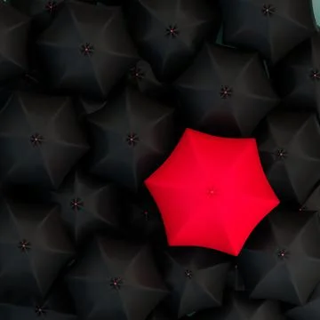 A render top view of red umbrella among black umbrellas - unique and differen Stock Illustration
