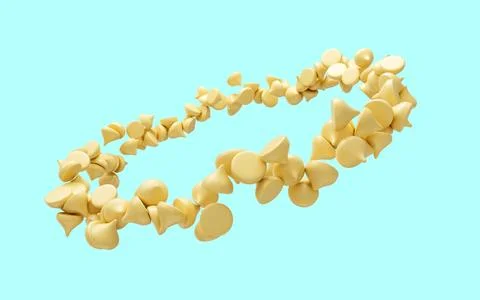 Render of white chocolate chips arranged in a circular pattern on a blue backgro Ilustración de archivo